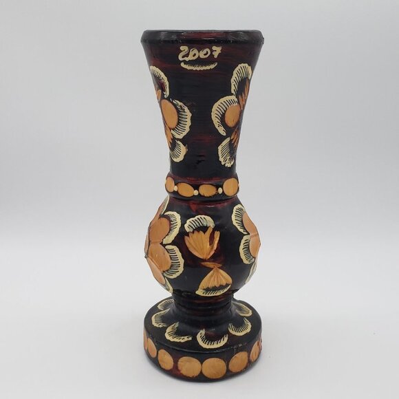 Romanian 2007 Hand Turned Hand Painted Floral Wooden Pedestal Vase - 8.75" - Picture 6 of 7